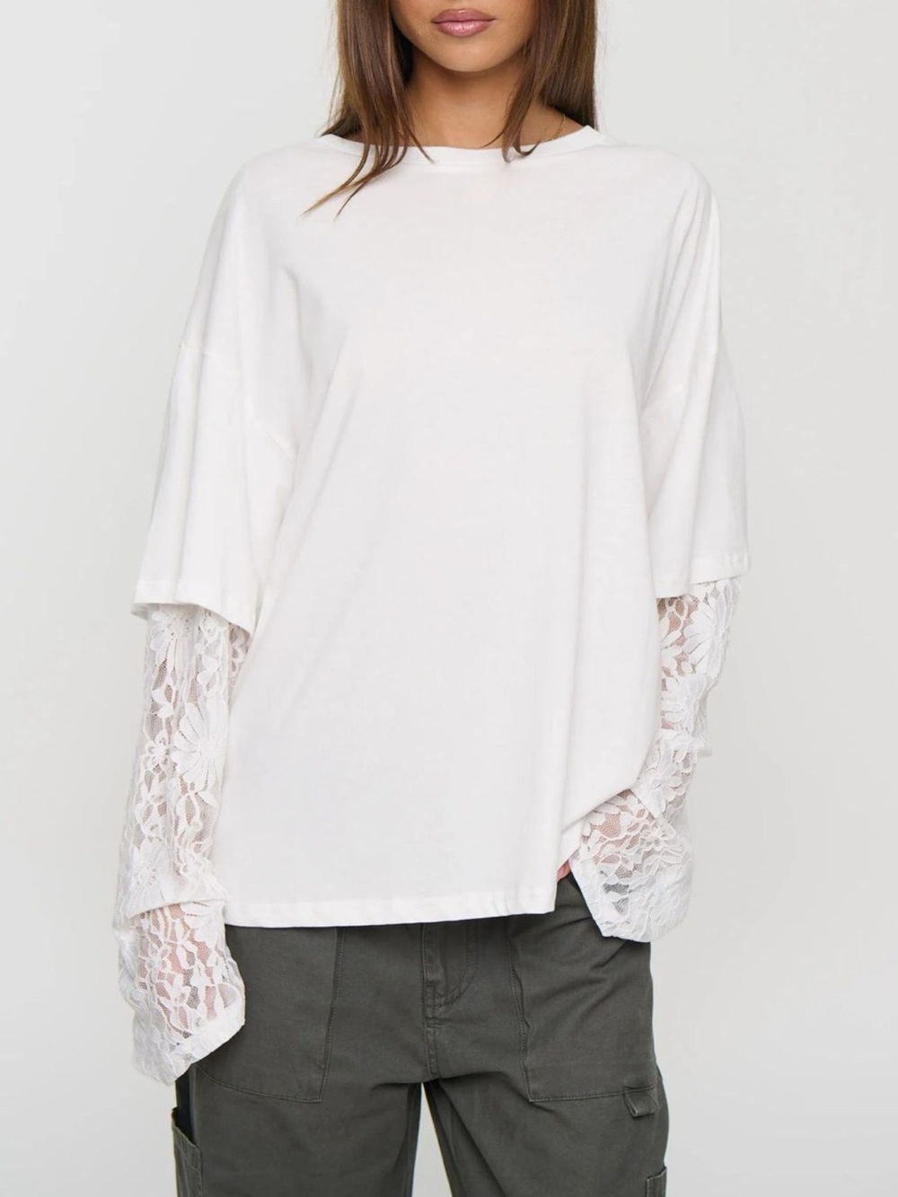 Layered Lace-Sleeve T-Shirt - Picture 2 of 12